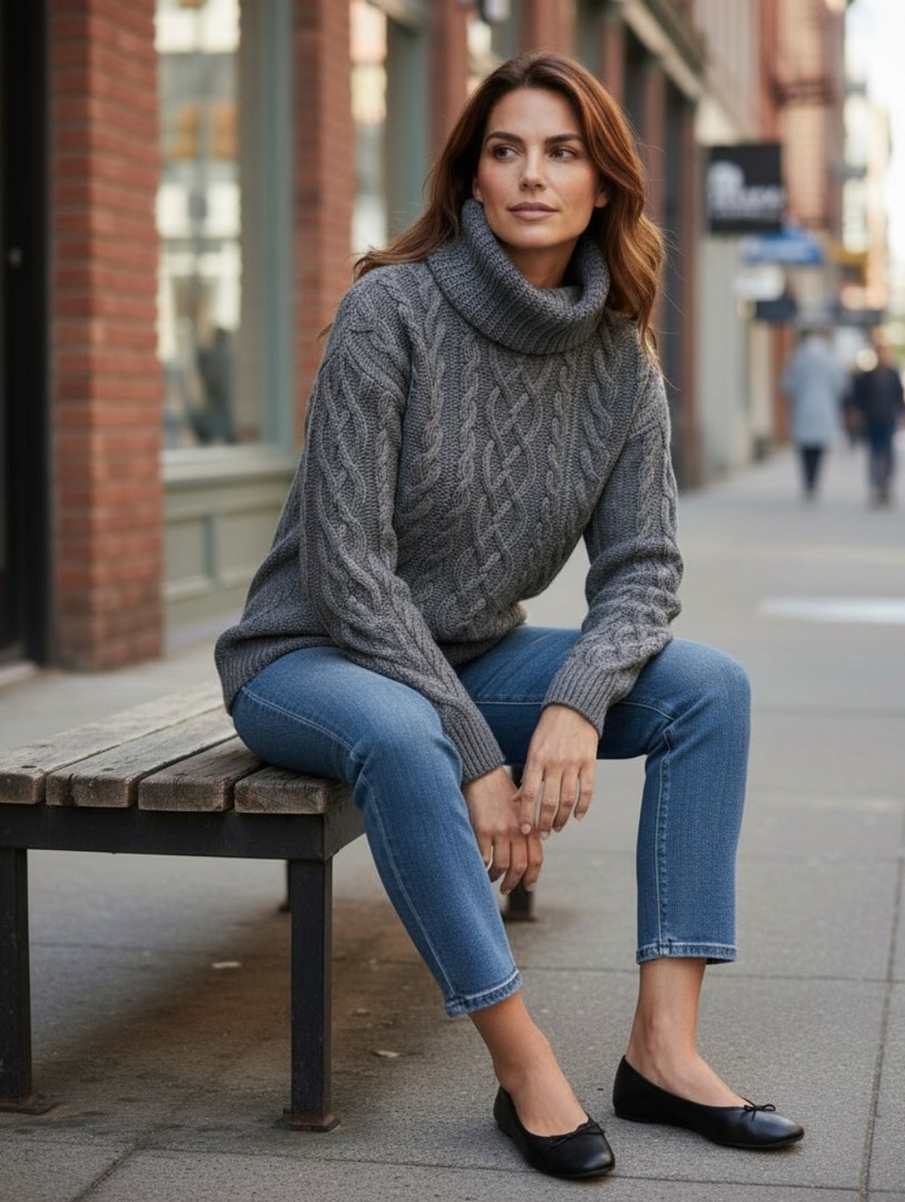 Lauren Ralph Lauren Cable Knit Turtleneck Sweater Gray Womens Large Cotton Blend